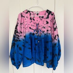 Karina Grimaldi Olga 100% Silk Tie Dye Blouse Pink Blue Long Sleeve Boho XS